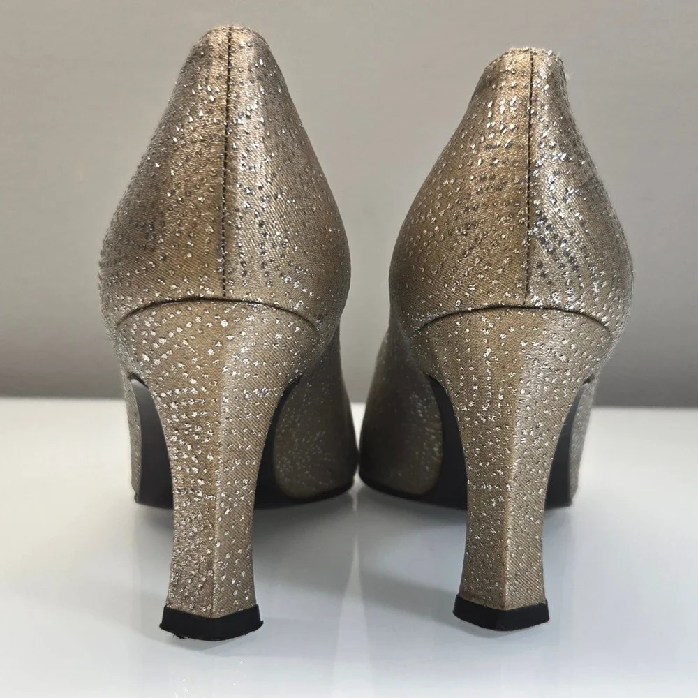 Stuart Weitzman Heel Pumps Womens 7B Gold Glitter Pointed Toe Evening Party Glam